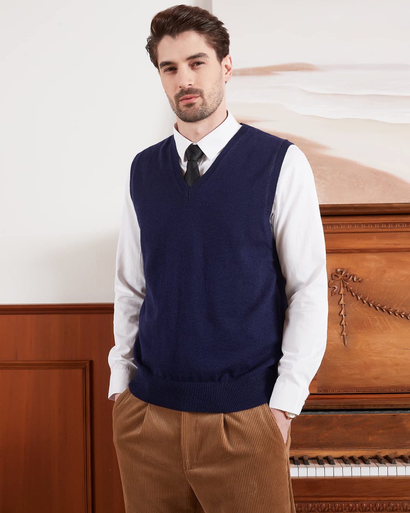Kallspin Men's Wool Blended Vest Sweater Relaxed Fit V Neck Sleeveless Knitted Pullover (Navy Blue, Large) - Image 2